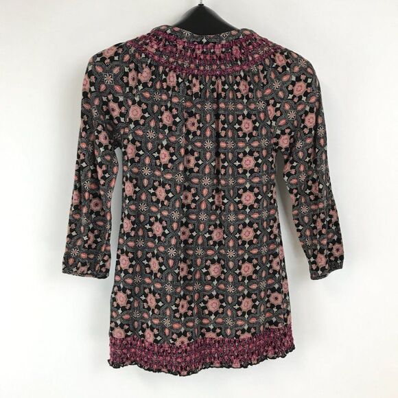 Lucky Brand Circle Diamond Smocked Blouse Women's Size Small Stretch Knit Boho - Picture 4 of 11